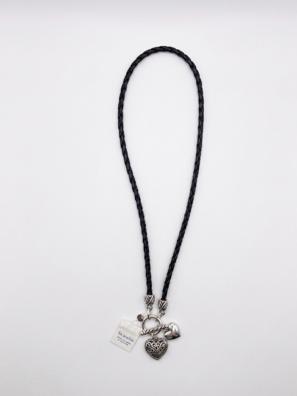 Lia Sophia Black Braided Cord Necklace with Silver Heart Charms